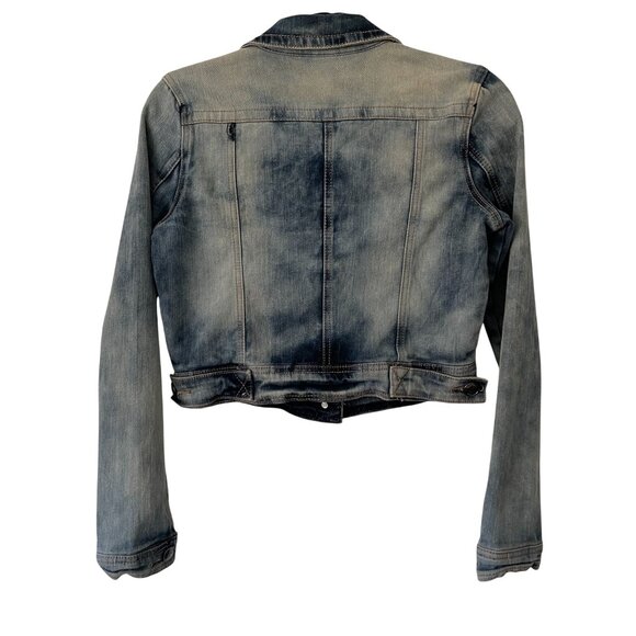Joujou Size XS Distressed Light Blue Denim Jacket Button Front Pockets Stretch - Picture 3 of 5